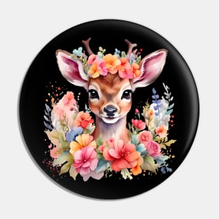 A baby deer decorated with beautiful watercolor flowers Pin