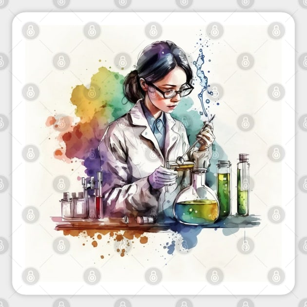 Sticker　TeePublic　scientist　working　lab　Woman　the　Girl　of　illustration　Watercolor　in