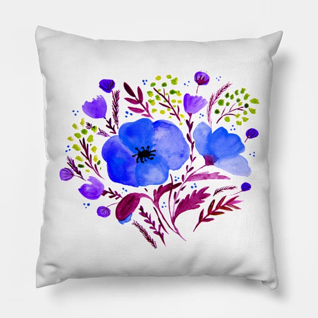 Watercolor poppies bouquet - electric blue and purple Pillow by wackapacka