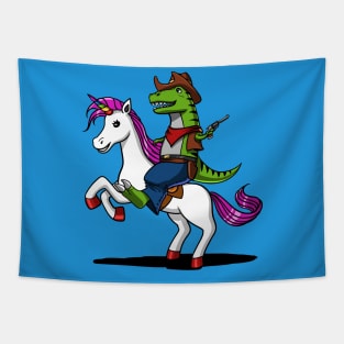 T-Rex Dinosaur Cowboy Riding Magical Unicorn Tapestry