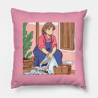 village girl washing laundry Pillow