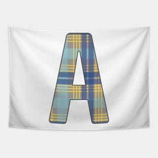 Monogram Letter A, Blue, Yellow and Grey Scottish Tartan Style Typography Design Tapestry