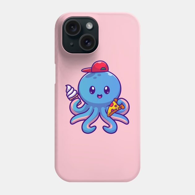 Cute Kid Octopus Holding Pizza And Ice Cream Cone Cartoon Phone Case by Catalyst Labs