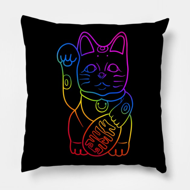 Lucky Cat. - Rainbow Pillow by Creighcreigh