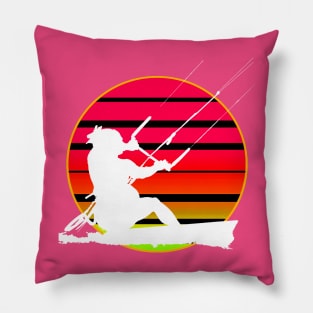 Retro Sunset KiteSurfer Riding A Wave White Silhouette Pillow