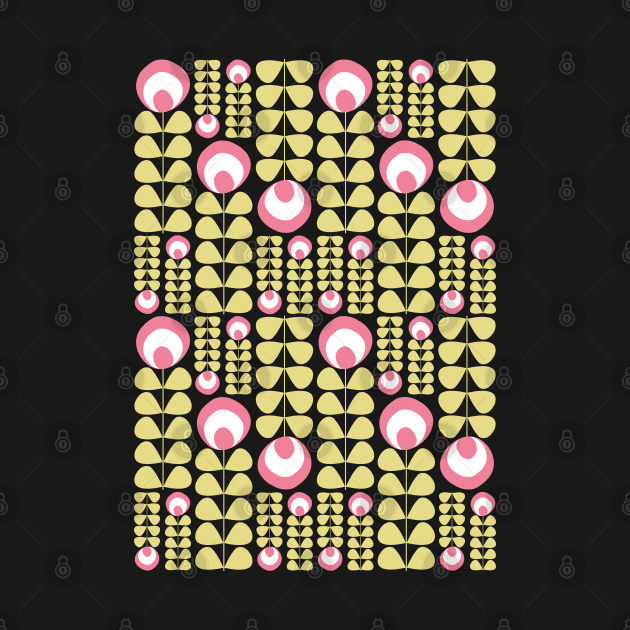 Dark Green, Pink, Yellow Mid Mod Flowers Pattern by tramasdesign