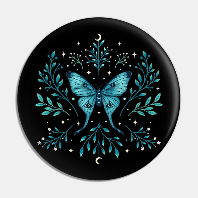 Mystical Luna Moth - Turquoise Pin by Episodic Drawing