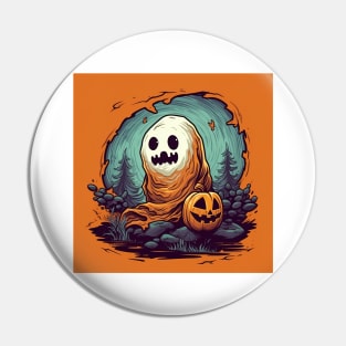 halloween design for kids, orange background, scary ghost with pumpkin Pin