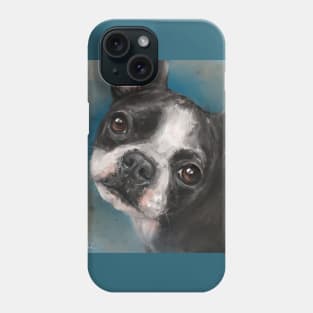 Contemporary Painting of a Cute Boston Terrier on Blue Background Phone Case