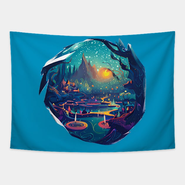 Magic Lantern Lighting Lake Water Pond Reflection Watercolor Tapestry by The Little Store Of Magic