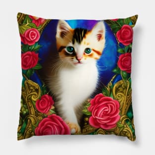 Kitten In Roses Portrait Pillow