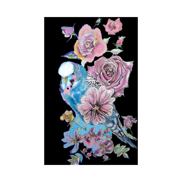 Budgie Watercolor Blue and Roses Painting on Black by SarahRajkotwala