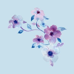 Wild Rose and Leaves in Blue and Purple T-Shirt