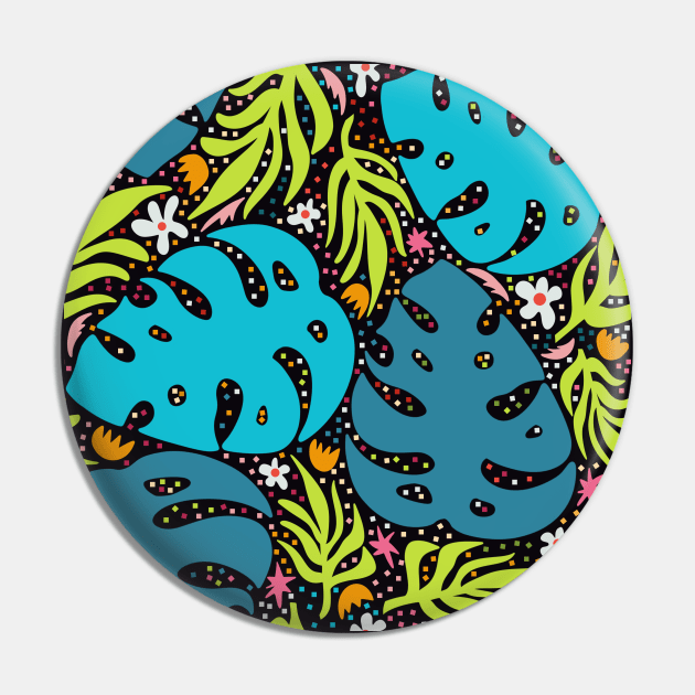 Jungle leaves and flowers abstract repeat pattern on black Pin by NattyDesigns