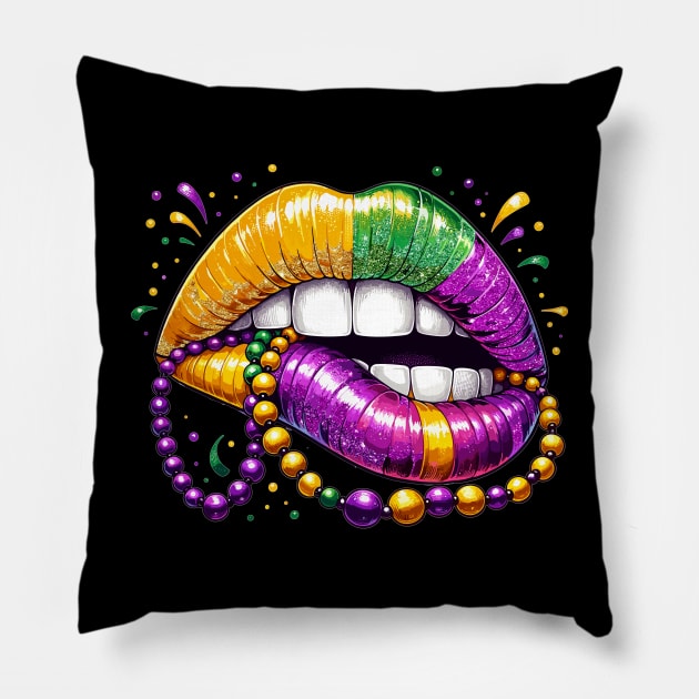 Mardi Gras Lips, Carnival Mardi Gras Outfit ,Fat Tuesday ,Flower de Luce,Mardi Gras Day, Mardi Gras Gift For Women Pillow by AlmaDesigns