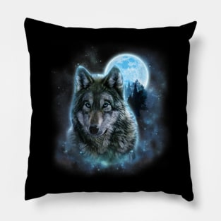 Grey Wolf Hunting Ground with Icy Moon in Forest, Galaxy Pillow