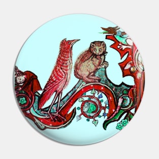 WEIRD MEDEVAL BESTIARY, CAT AND CUCKOO BIRD IN RED GREEN Pin