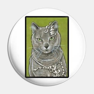 Gray Kitty with Ribbon - Black Outlined Version Pin