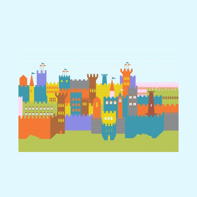 Medieval Castle Stronghold Towers Colorful Illustration by oknoki