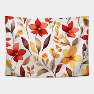 Yellow Red and Brown Floral Pattern on White Tapestry