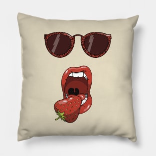 Mouth about to eat a delicious red strawberry while wearing matching red leopard print sun glasses. Pillow