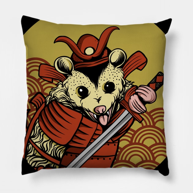 Samurai Opossum Trash Protection Unit Pillow by popcornpunk