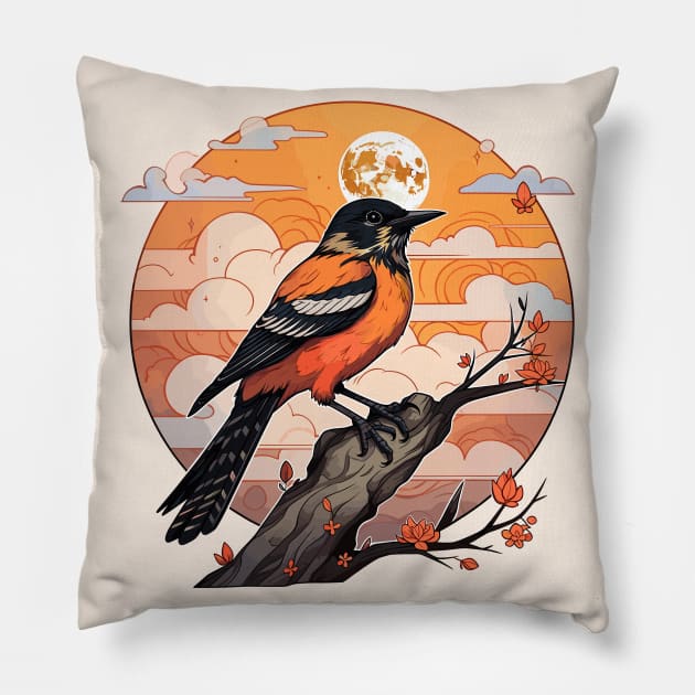 Baltimore oriole and moon Pillow by etherElric