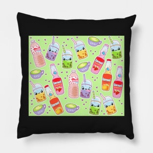 Colorful Kawaii Drinks on Green Pillow