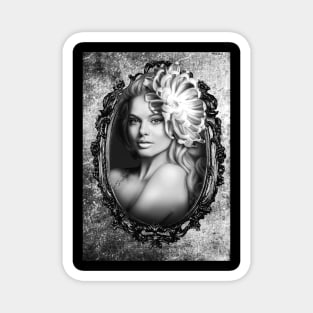 Black and white digital artwork flower and frame Magnet