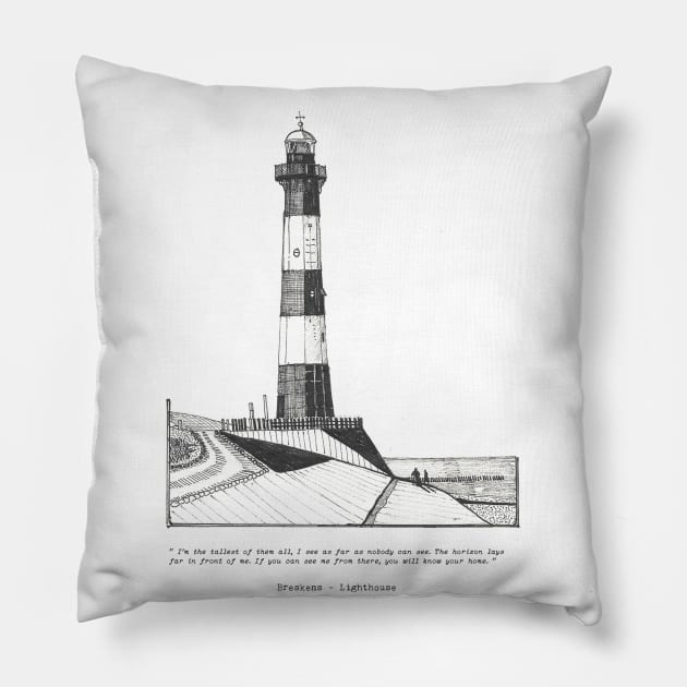 Breskens Lighthouse Netherlands Nieuwe Sluis Pen and Ink Illustration Pillow by Wall-Art-Sketch