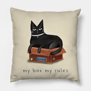 Cartoon black cat in a box and the inscription "My box - my rules". Pillow