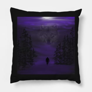 Cold winter night under the watchful wolf Pillow