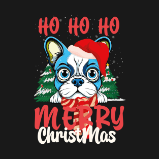 Boston Terrier Bleu Happy Xmas T-Shirt