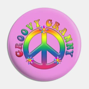 Tie Dye GROOVY GRANNY Peace Symbol with Flowers Pin