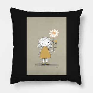 Cute Girl with Flower Illustration Pillow