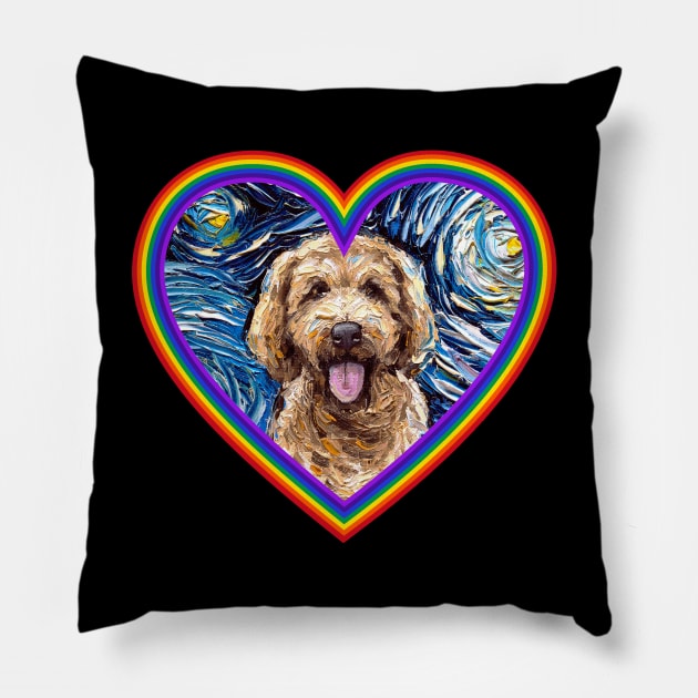 Goldendoodle inside a rainbow heart Pillow by sagittariusgallery