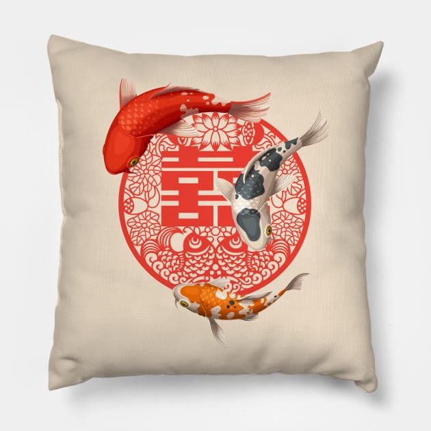 Double Happiness Koi Fish Bright Red and Orange - Hong Kong Retro Pillow by CRAFTY BITCH