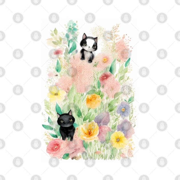 Black Cats in the Flower Garden Soft Pastel Colors by Stades