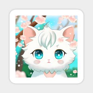 Anime Kawai White Kitten With Pink Flowers Magnet