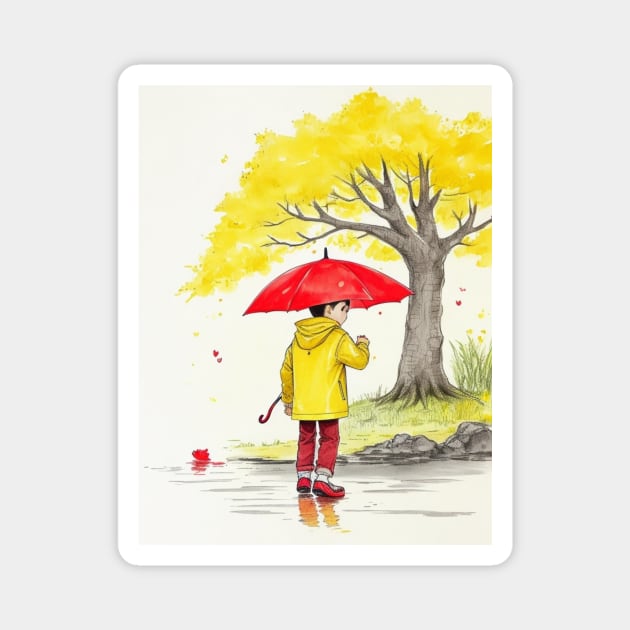 kid  playing in water puddles. Magnet by MeriemBz