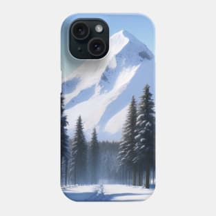 A snow covered forest with a mountain in the background Phone Case