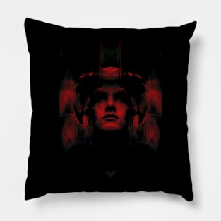 Portrait, digital collage, special processing. Dark, strong. Guy face looking up high. Fantasy. Red. Pillow