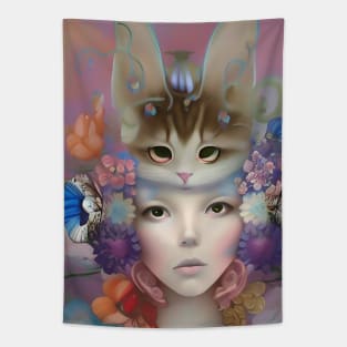 Wonderful pastel colored design of flowers a pretty girl and cat Tapestry