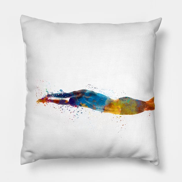 Swimmer in watercolor Pillow by PaulrommerArt