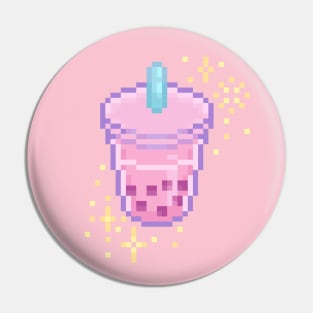 Pink Kawaii Pixel Art Boba Bubble Tea Design Pin