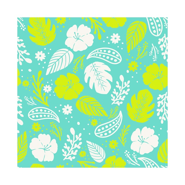 Foliage & Hibiscus Pattern - Blue & Green by tanyadraws