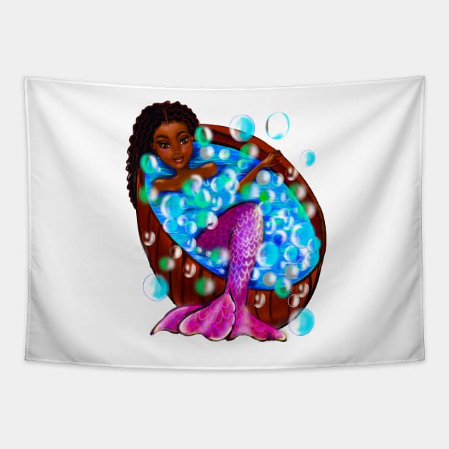 Mermaid spa day#002- african American anime mermaid in bubble bath. Pretty black girl with Afro hair, green eyes, Cherry pink lips and dark brown skin. Hair love ! Tapestry by Artonmytee
