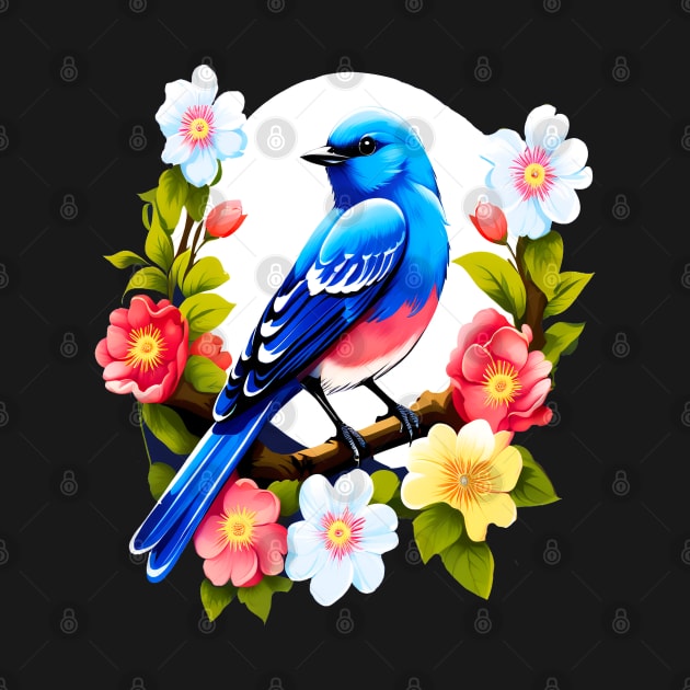 Cute Blue Bird Surrounded by Bold Vibrant Spring Flowers by BirdsnStuff