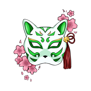 Cherry Blossom Fox Green Mask - A Playful and Elegant Design T-Shirt