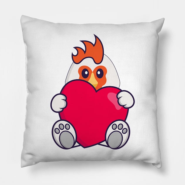 Cute chicken holding a big red heart. Pillow by kolega